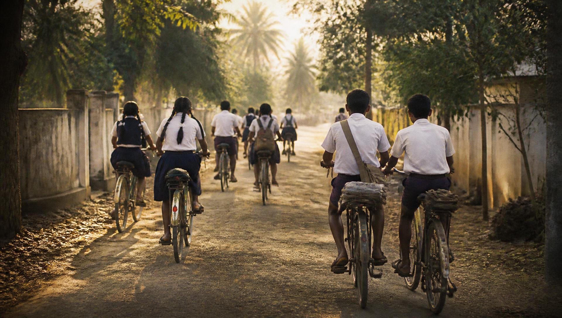 School children cycling home on a tree lined village road