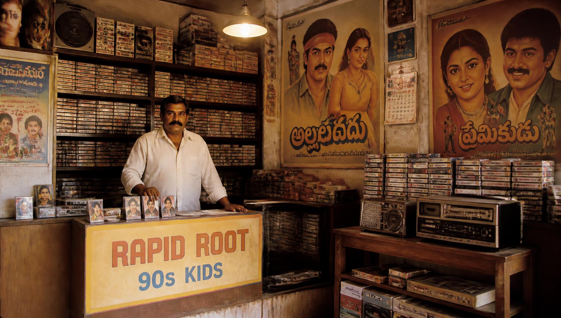 1990s Telugu audio cassette shop with hand painted film posters