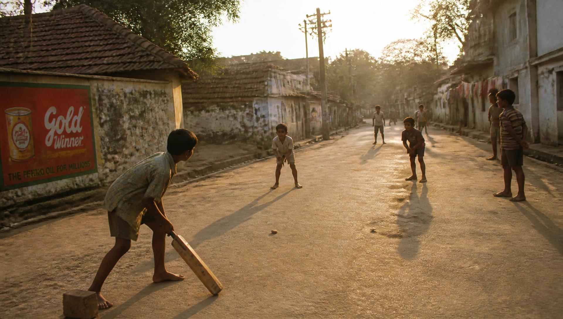 Children playing street cricket in a 1990s Indian village lane