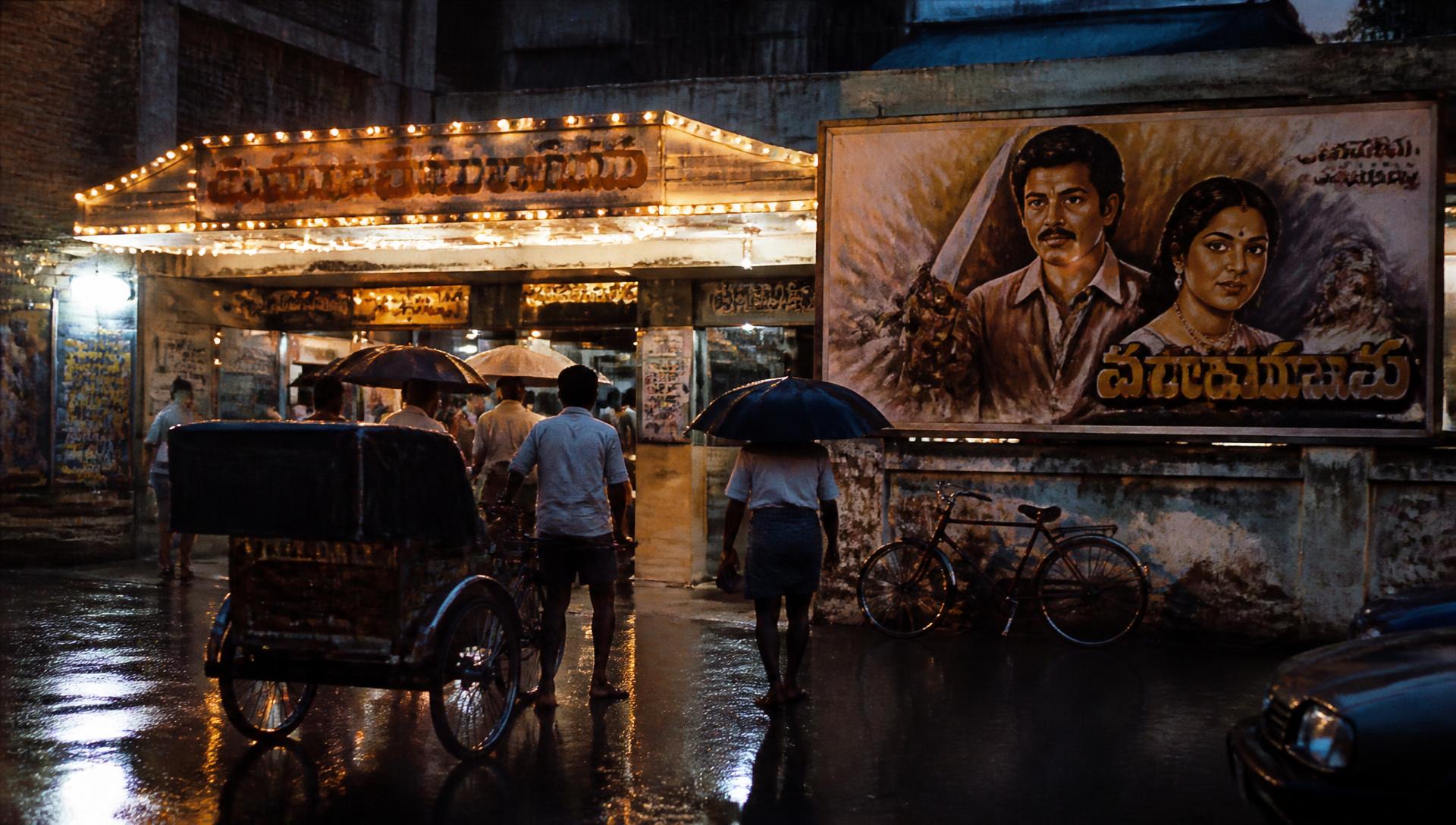Rainy evening outside a small 1990s single screen cinema theatre